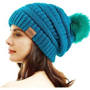 👑Women Teal Winter Pom Pom Beanie Hat with Warm Fleece Lined XL